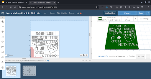 Easel screenshot showing the Franklin Field plaque file prepared for CNC carving